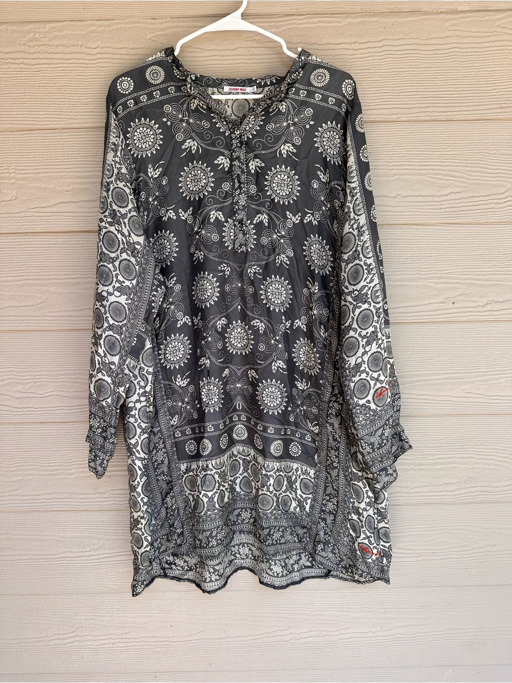 Johnny Was Silk 100% Grey & White Graphic Print Tunic Dress Size L (C26)